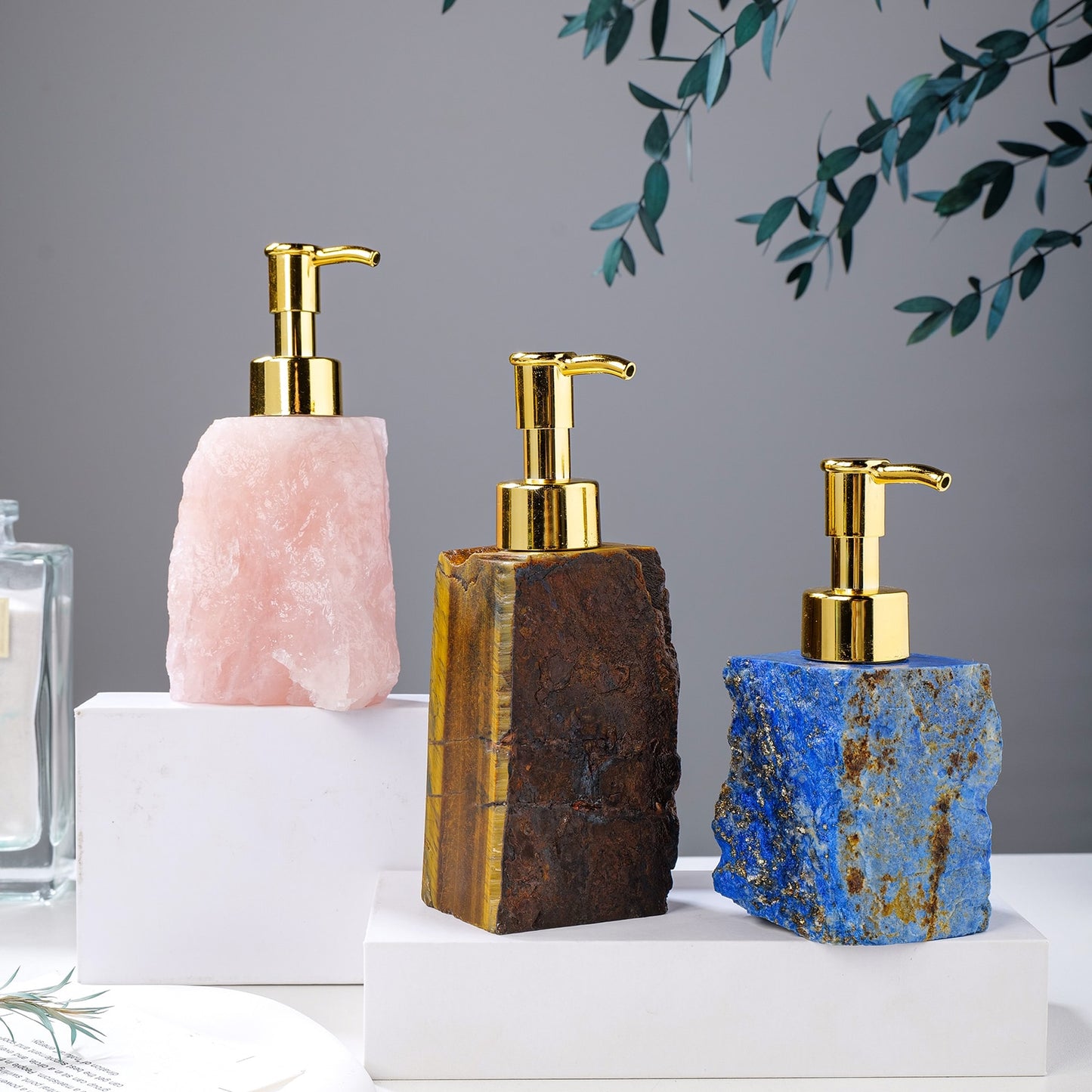 Natural Raw Stone & Rose Quartz Crystal Soap Dispenser