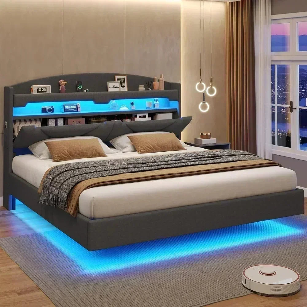 Floating Bed Frame with Charging Station & Hidden Storage Headboard